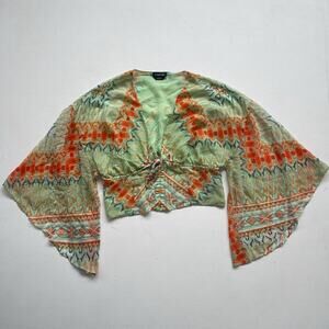 Bebe Patterned Green Flared Sleeve Boho Top Cropped / Sz L / Festival